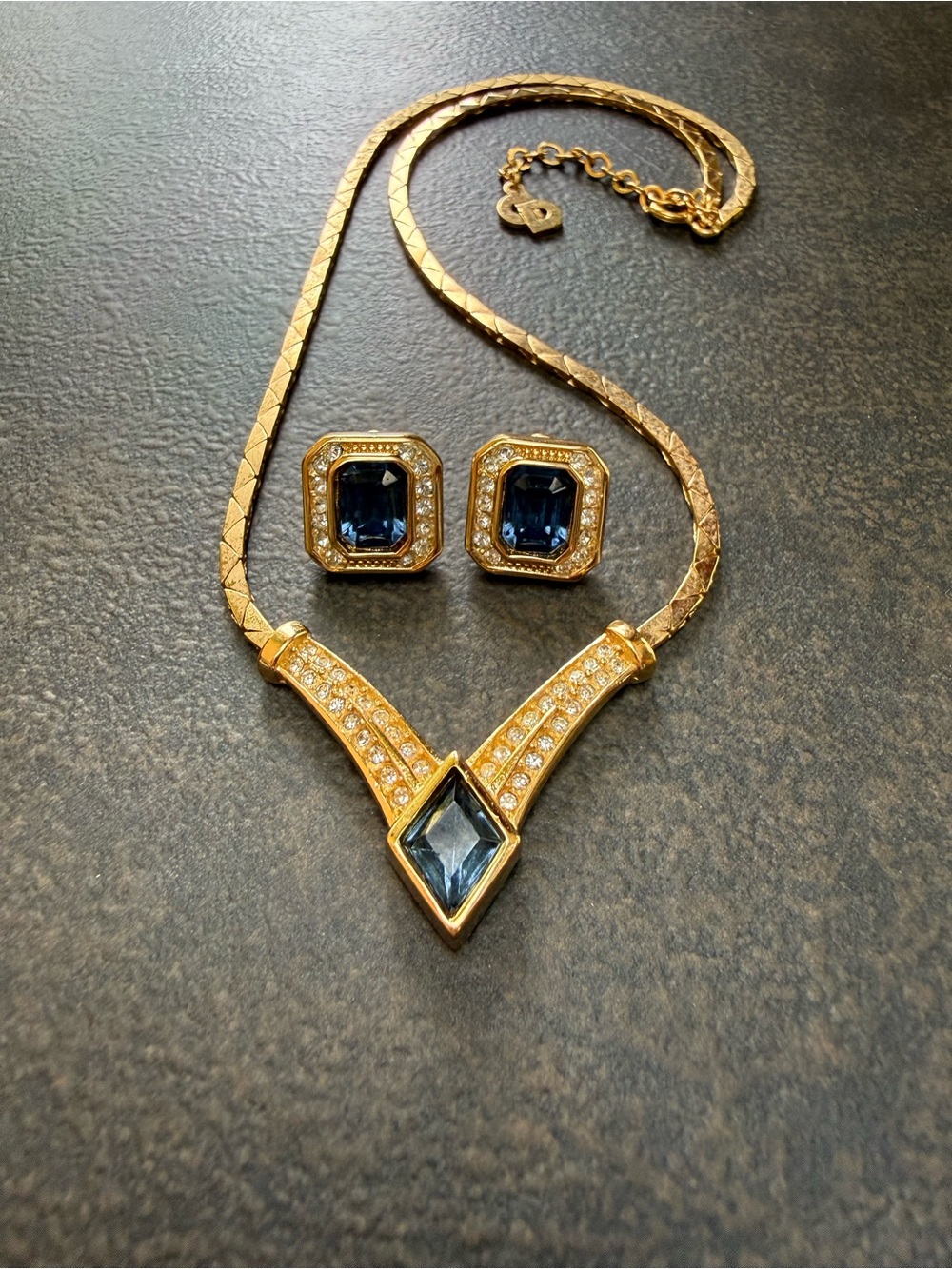 Christian Dior Gold-Tone Necklace & Earrings with Sapphire Blue Rhinestones 80’s
